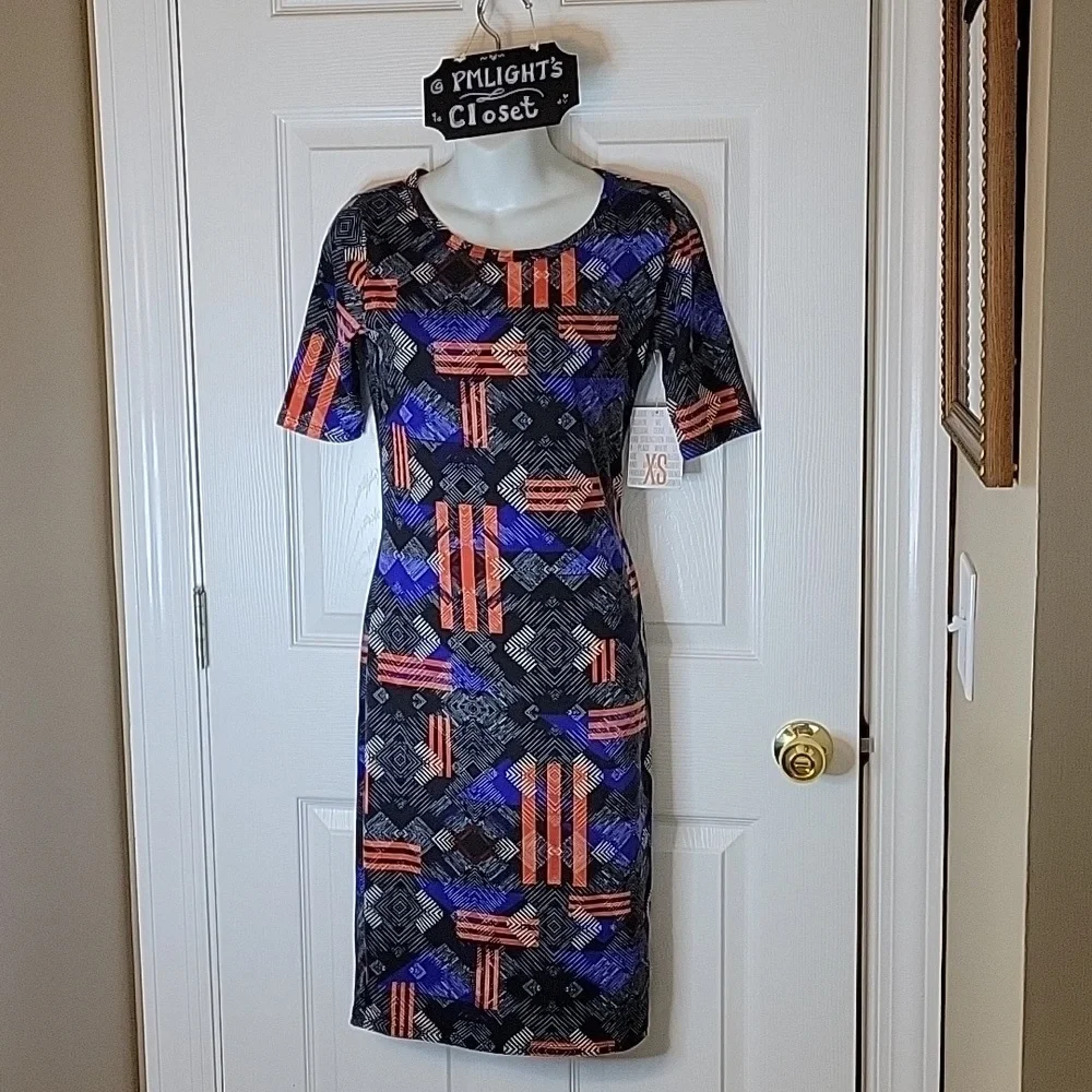 LuLaRoe Julia Dress XS New Black Blue White Orange